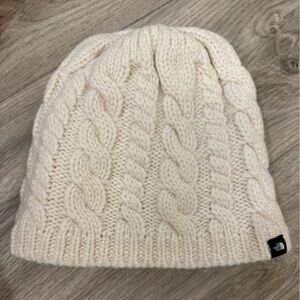 The North Face Cable Knit Beanie Cream Fleece Lined One Size Unisex
